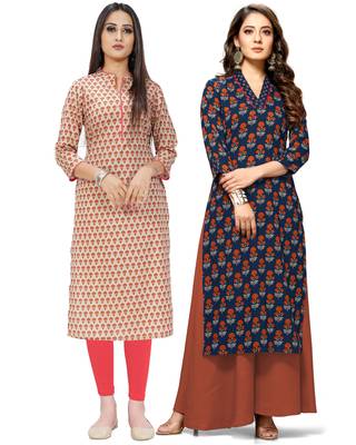 Beige printed cotton ethnic-kurtis 1