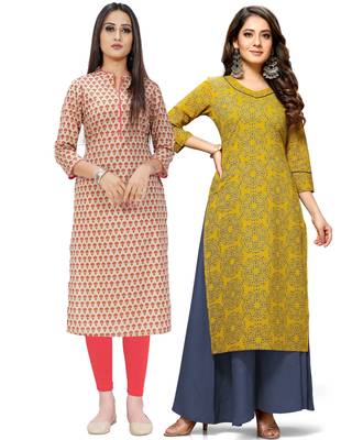 Beige printed cotton ethnic-kurtis 1