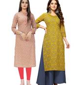 Beige printed cotton ethnic-kurtis