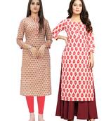 Beige printed cotton ethnic-kurtis