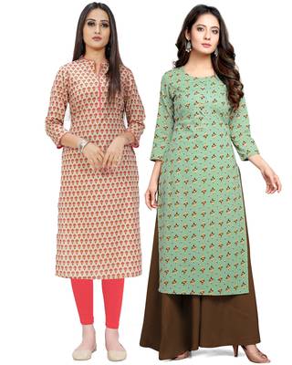 Beige printed cotton ethnic-kurtis 1