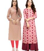 Beige printed cotton ethnic-kurtis