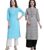 Sky-blue printed cotton ethnic-kurtis