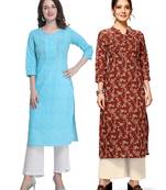 Sky-blue printed cotton ethnic-kurtis