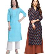 Sky-blue printed cotton ethnic-kurtis