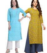 Sky-blue printed cotton ethnic-kurtis