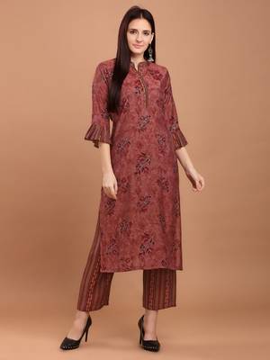 Women Maroon Chanderi Silk Printed Straight Kurta with Palazzos 1