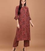 Women Maroon Chanderi Silk Printed Straight Kurta with Palazzos