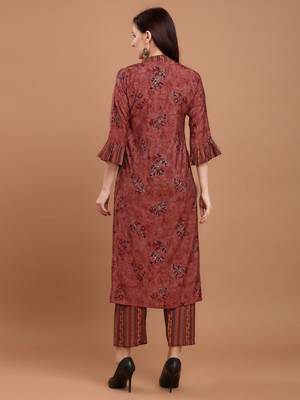 Women Maroon Chanderi Silk Printed Straight Kurta with Palazzos 3