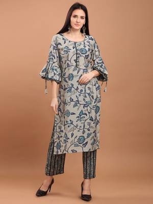 Women Blue Chanderi Silk Printed Straight Kurta with Palazzos 1