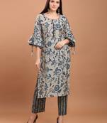 Women Blue Chanderi Silk Printed Straight Kurta with Palazzos
