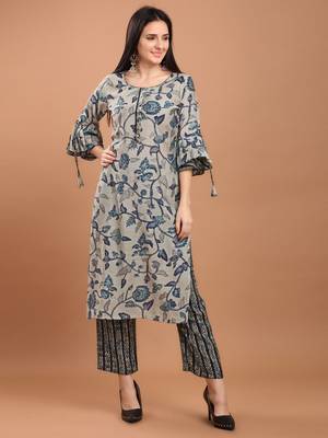 Women Blue Chanderi Silk Printed Straight Kurta with Palazzos 2