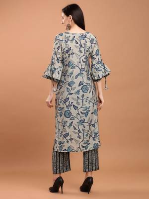 Women Blue Chanderi Silk Printed Straight Kurta with Palazzos 4