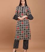 Women Black Chanderi Silk Printed Straight Kurta with Palazzos