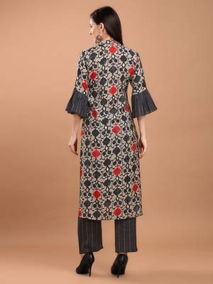 Women Black Chanderi Silk Printed Straight Kurta with Palazzos 3