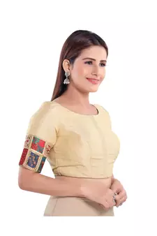 Off White Silk Blend Printed Patchwork Readymade Saree Blouse