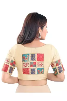 Off White Silk Blend Printed Patchwork Readymade Saree Blouse