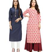 Navy-blue printed cotton ethnic-kurtis