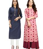 Navy-blue printed cotton ethnic-kurtis
