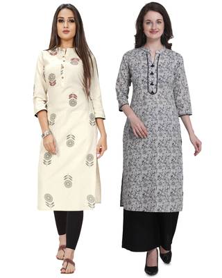 Beige printed cotton ethnic-kurtis 1