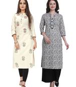 Beige printed cotton ethnic-kurtis