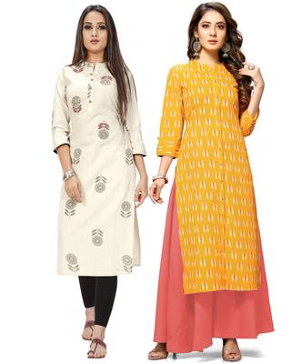 Beige printed cotton ethnic-kurtis 1