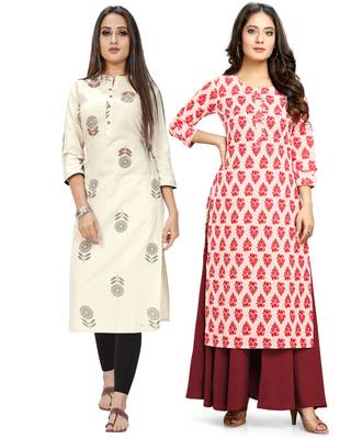 Beige printed cotton ethnic-kurtis 1