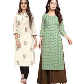Beige printed cotton ethnic-kurtis