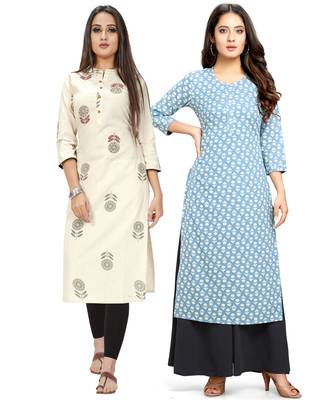 Beige printed cotton ethnic-kurtis 1