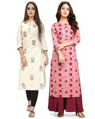 Beige printed cotton ethnic-kurtis 1