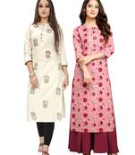 Beige printed cotton ethnic-kurtis