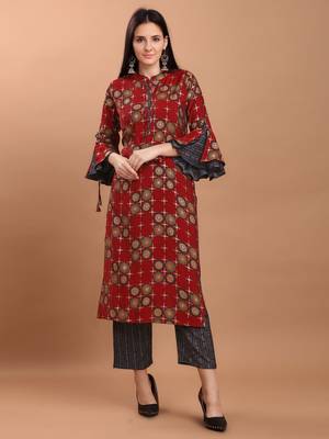 Women Red Chanderi Silk Printed Straight Kurta with Palazzos 1