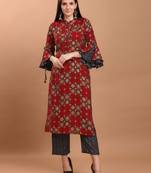 Women Red Chanderi Silk Printed Straight Kurta with Palazzos