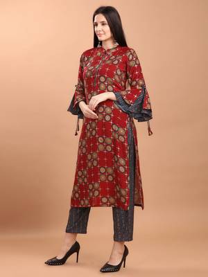 Women Red Chanderi Silk Printed Straight Kurta with Palazzos 2