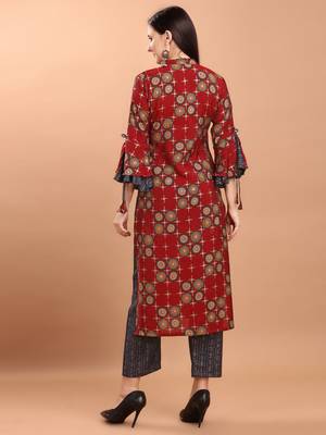 Women Red Chanderi Silk Printed Straight Kurta with Palazzos 3