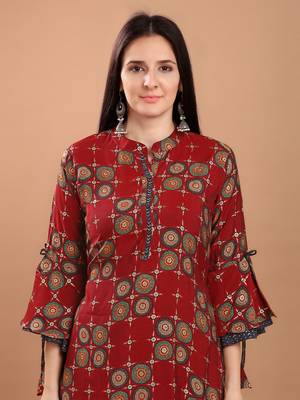 Women Red Chanderi Silk Printed Straight Kurta with Palazzos 4