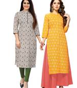 Beige printed cotton ethnic-kurtis