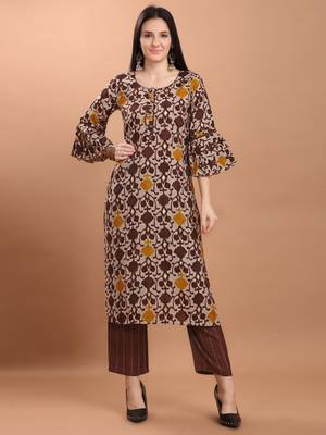 Women Maroon Chanderi Silk Printed Straight Kurta with Palazzo 1