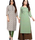 Beige printed cotton ethnic-kurtis