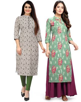 Beige printed cotton ethnic-kurtis 1