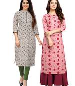 Beige printed cotton ethnic-kurtis