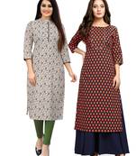 Beige printed cotton ethnic-kurtis