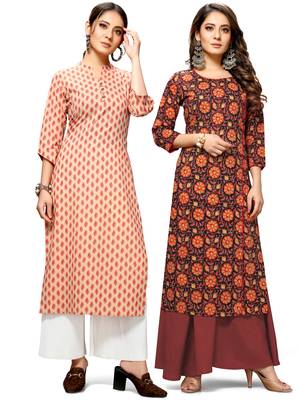 Beige printed cotton ethnic-kurtis 1