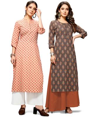 Beige printed cotton ethnic-kurtis 1