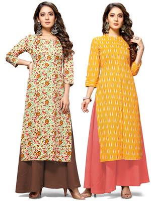 Beige printed cotton ethnic-kurtis 1