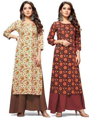 Beige printed cotton ethnic-kurtis 1