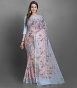 Women's Peach Floral Printed Linen Silk Saree