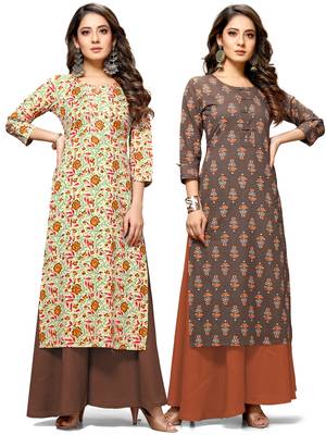 Rajnandini Beige printed cotton ethnic-kurtis 1