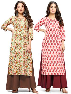 Beige printed cotton ethnic-kurtis 1