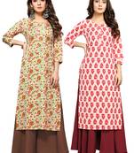 Beige printed cotton ethnic-kurtis